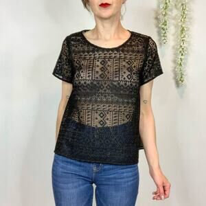 JOIE Sevan lace crochet top short sleeve crew neck sheer black goth glam 2313